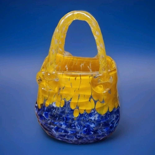VTG Italian Hand Blown Murano Millefiori Glass Purse Basket 7" Spring Decor Gift