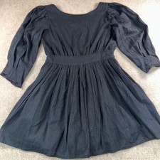 Free People Black Linen Blend Button Down V-Neck Puff Sleeve Mini Dress XS