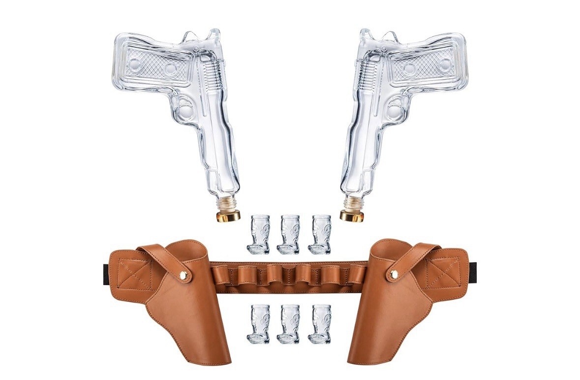 The Wine Savant Pistol Holster Decanter Set & 6 Cowboy Boot Shot Glasses Unique