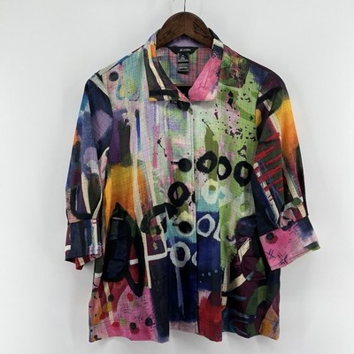 Ali Miles Top Women PS Petite Small Colorful Art to Wear 3/4 Sleeve Wire Collar