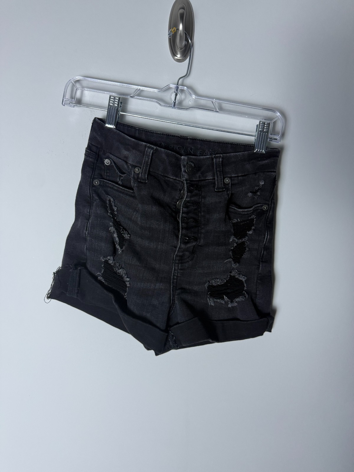 American Eagle Outfitters High-Rise Distressed Black Denim Women's 2 Mom Shorts
