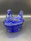 Hen on Nest Chicken Cobalt Blue Glass Depression Style Candy Dish, Vintage Style
