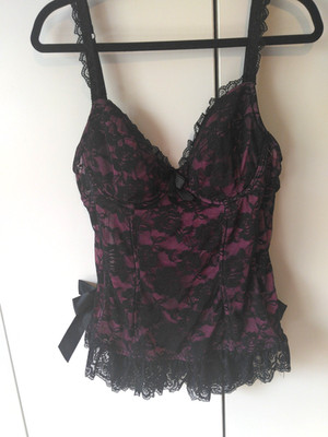 Womens Lace Overlay Ruffle Hem Corset Top  Size S Whimsigoth Y2K Coquette Vamp