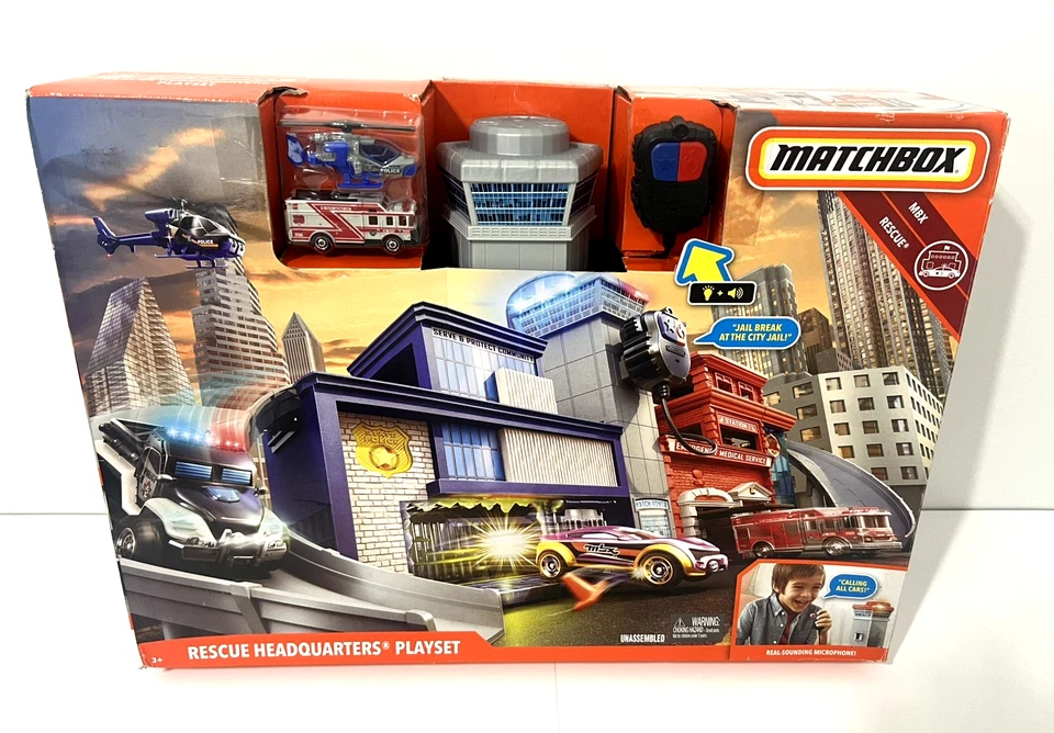MATCHBOX RESCUE HEADQUARTERS PLAYSET FIRE POLICE STATION & JAIL HELICOPTER TRUCK - Image 2 of 4