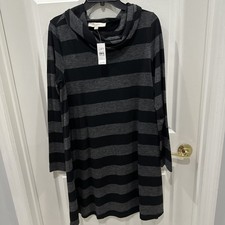 Ann Taylor Loft Gray Black Striped Cowl Nack Tunic Top Dress Size L NWT