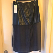 Forever 21 Faux Leather Chiffon Skirt Black Midi A-Line Layered Zip Size L