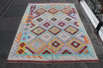 Kilim Traditionnel Oriental Fait Main En Laine Blanche Bleue 205x145cm - Photo 1/4
