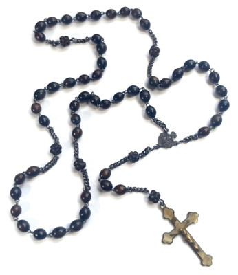 Vintage Catholic Rosary Bakelite and Brass Cross Hardwood Beads Steel Chain