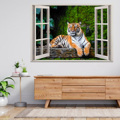 Tiger Löwe Dschungel Tier Raubkatze 3D Fensterblick Wandaufkleber Poster Aufkleber A230