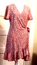 Wrap Vneck Ruffled Hem Pink Flowers Flutter Sleeves Vintage Medium Women Dress