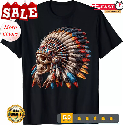 2025/Native American Indian Chief Skull Motorcycle Headdress T-Shirt, Unisex Tee