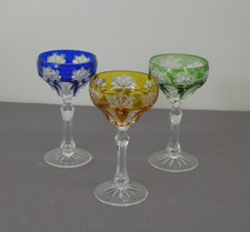 3 sehr schöne Sektschalen, Kristallglas, bunte Überfänge, 14 cm hoch