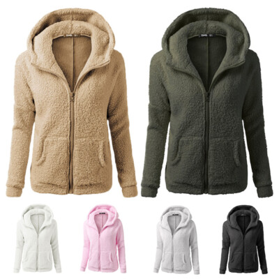 Ladies Fleece Teddy Bear Check Coat Overcoat Zip Hooded Jacket Jumper Plus  Size UK