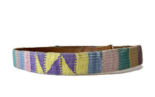 VINTAGE GUATEMALA BROWN LEATHER PASTEL WOVEN FABRIC BELT WOMEN'S SIZE LARGE