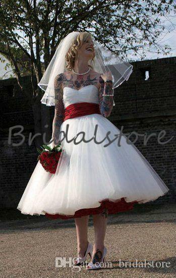 Elegant Wedding Dresses With Red Belt White Ivory Tea Length