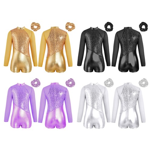 Kids Girls Dancewear Sequin Outfit Sparkling Sets Zipper Back Bodysuit Ballet - Picture 2 of 53