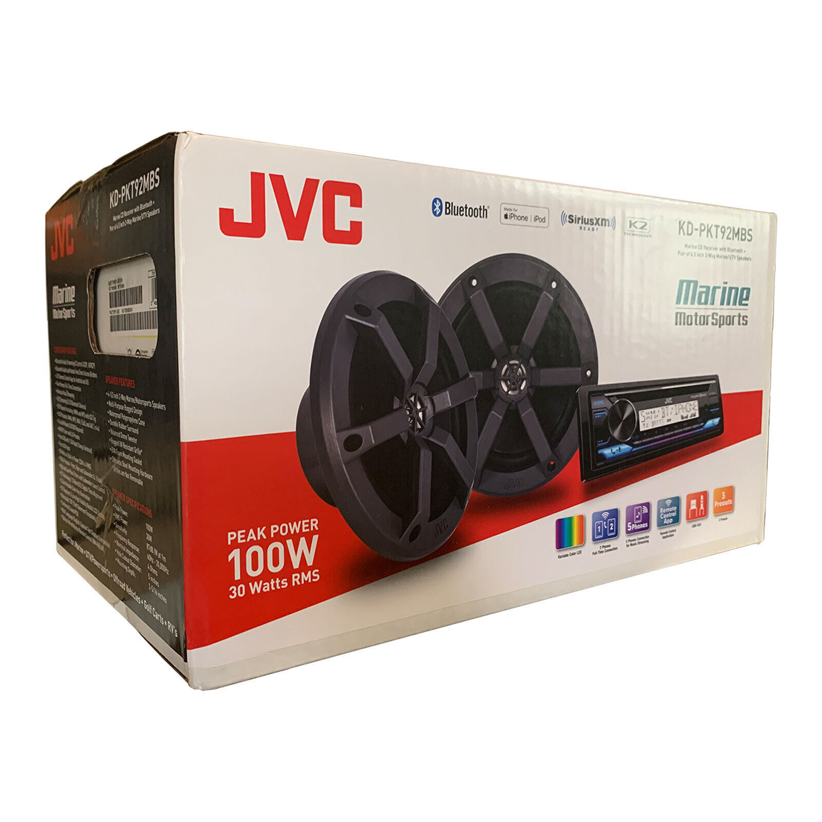 JVC KD-T92MBS Marine Boat UTV Bluetooth Stereo & 6.5" 2Way Black Speakers Bundle