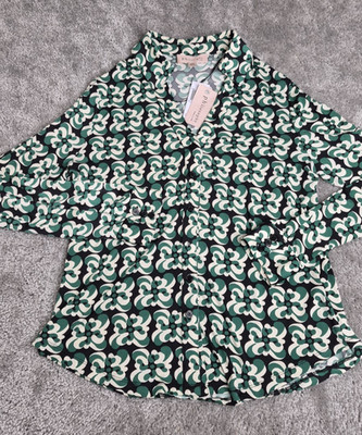 Philosophy  Womens Button Up Top Large Green Black White Blouse  Long Sleeve