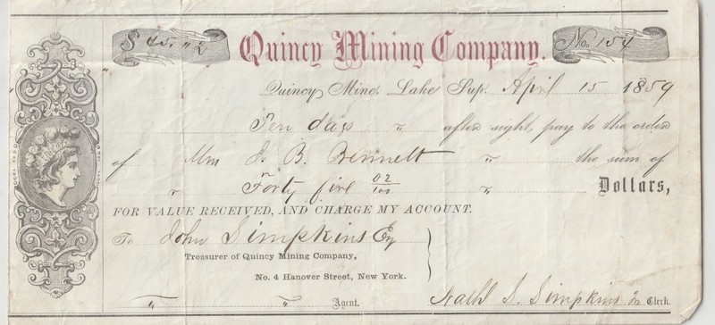 Early Quincy Copper Mining Co Draft 1859 Lake Superior Michigan 9538 Mi Hancock