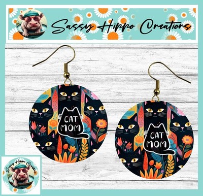 Earrings Round Gold Hook Backs Black Cat Mom Colorful Floral MDF Sublimated