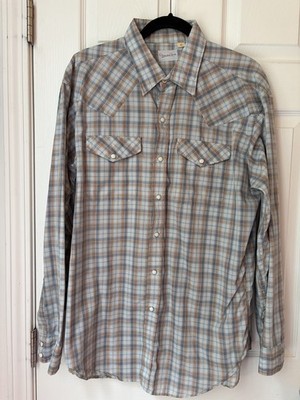 VTG Men s Oscar de la Renta Western Pearl Snap  Blue/Tan Plaid  shirt XL