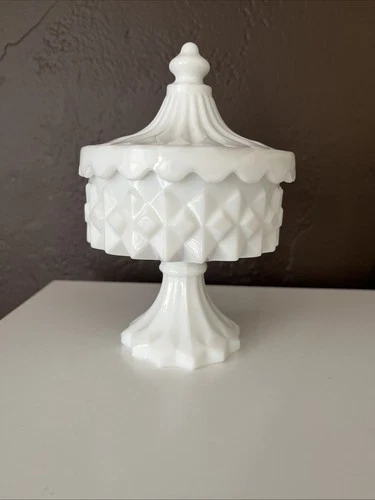 Milk Glass Compote Candy Dish Diamond Covered Carousel Vintage White Smith