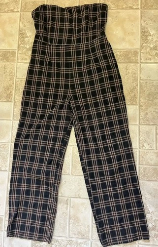 Lulus Xl Sophisticated Mood Plaid Strapless Jumpsuit Straight Leg Black