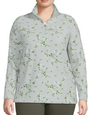 Lands' End Size 1X Gray Floral Fleece Knit top, 1/4 zip, long sleeves NWT