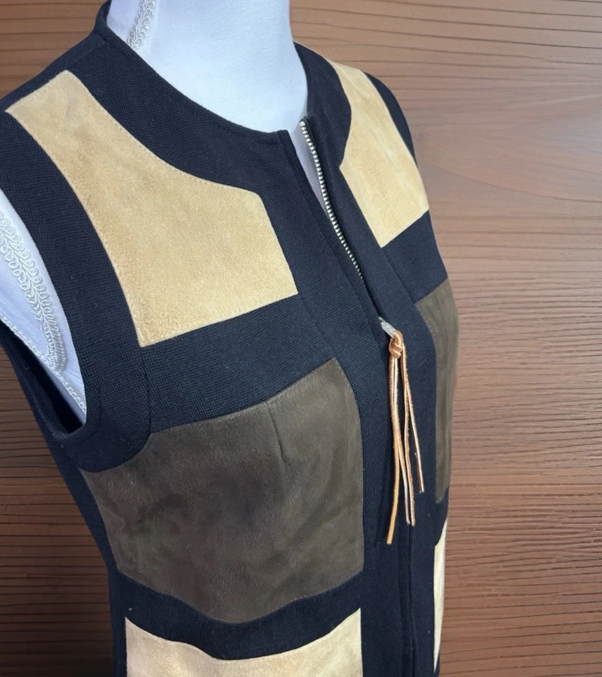 Vintage 60s Gina Teresa Suede Wool Colorblock Vest Made Hong Kong Size 10 Boho - Image 4 of 4
