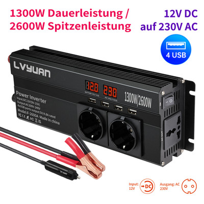1300W/2600W Wechselrichter Spannungswandler 12V DC zu 230V AC Camping Notstrom