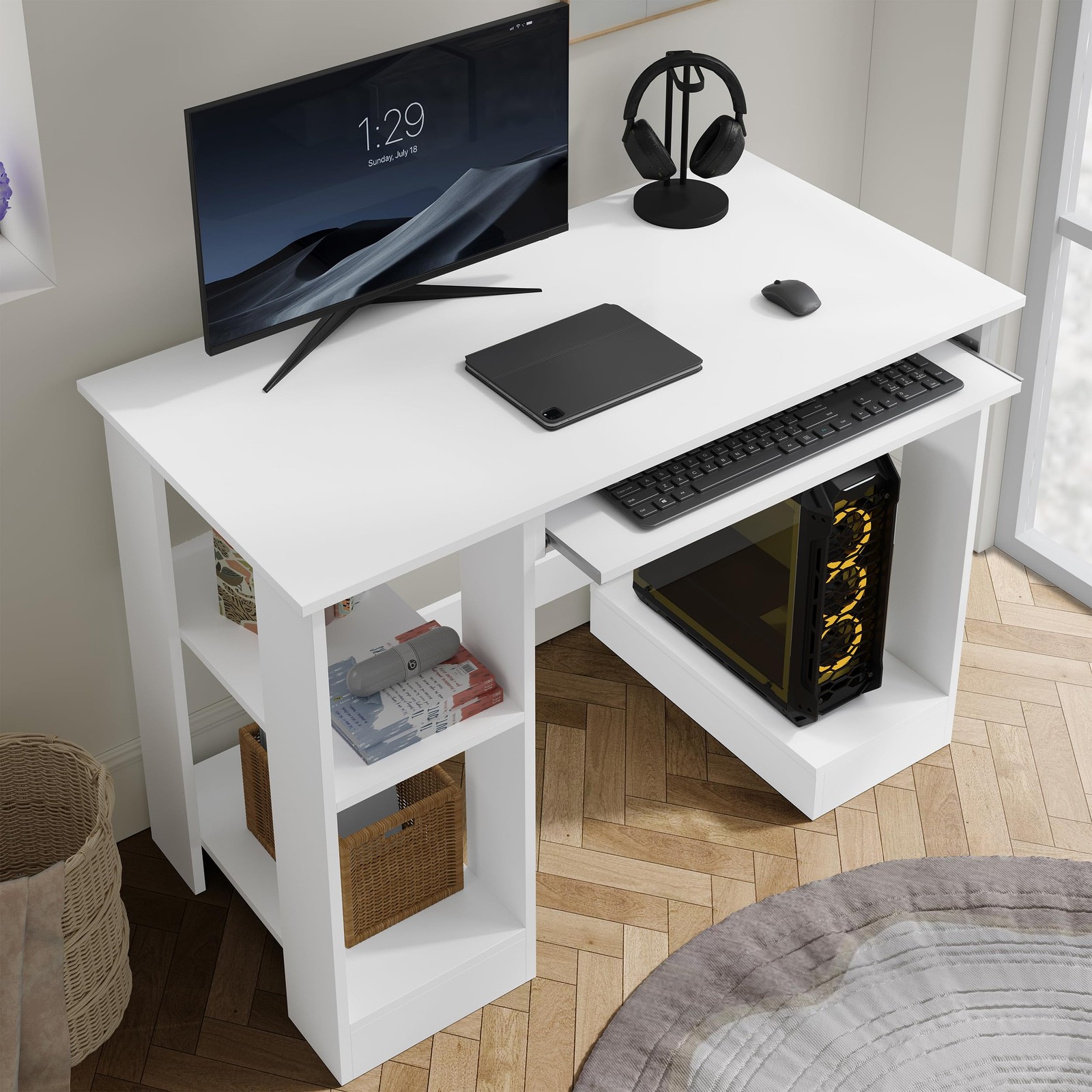 Home Office Desk White Computer Desk With Shelves & Sliding Keyboard Tray PC