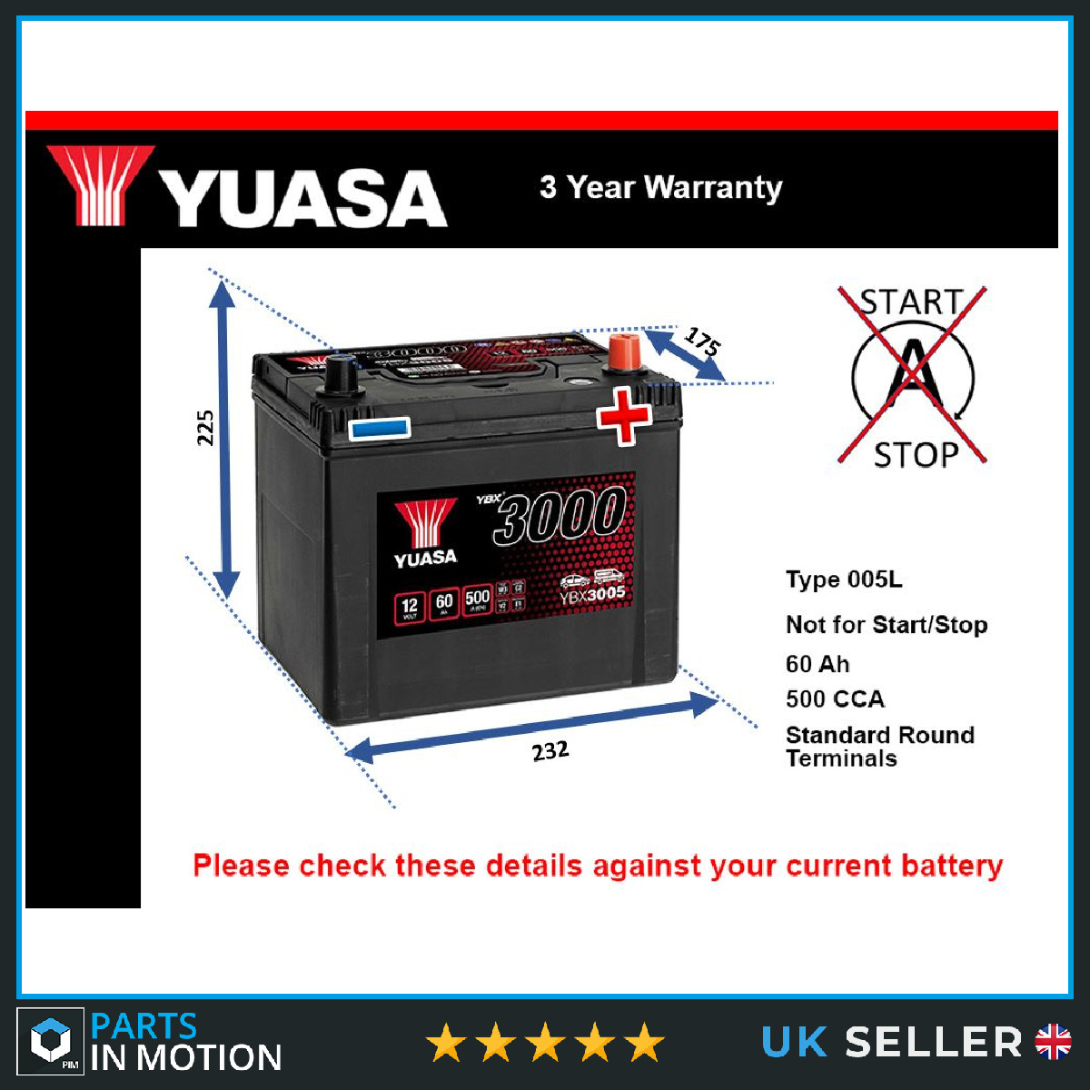 Battery fits SUZUKI GRAND VITARA 98 to 15 Yuasa 005L 500A 60Ah 3Yr Warranty New - Image 63