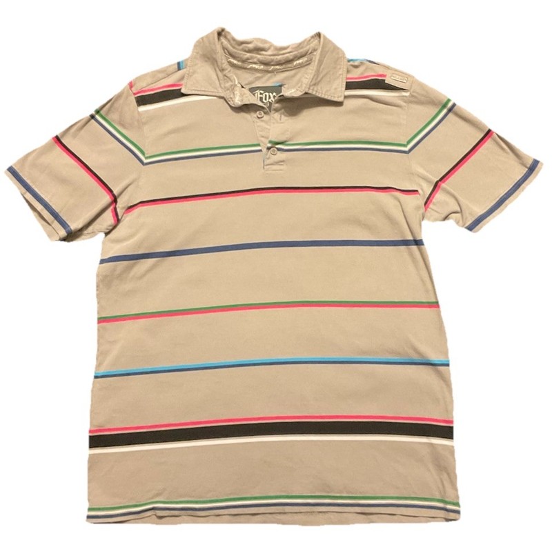 Fox Men's Gray Striped Polo Shirt Size L 100% Cotton Short Sleeve Collared