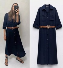 ZARA WOMAN NWT SS24 NAVY BLUE SHIRT DRESS WITH BELT Size S REF:2251/572