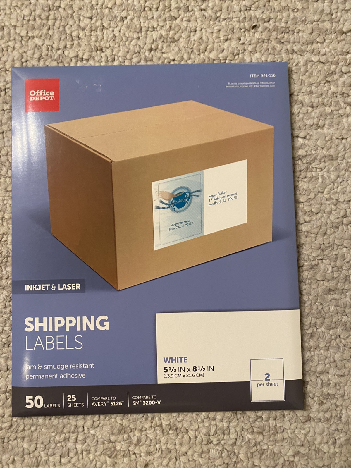 Office Depot Inkjet/Laser Shipping Labels, 5 1/2" x 8 1/2", White, 50-Pack