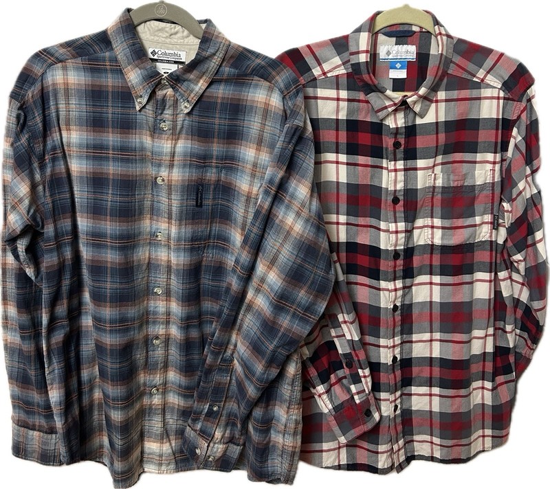 2 Columbia Men's Size L Plaid Button-down Shirts Red/Black & Blues/Orange