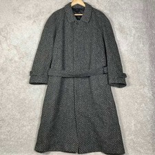 Savile Row Overcoat Mens Grey Herringbone Pure Wool Belted Made England Size 44