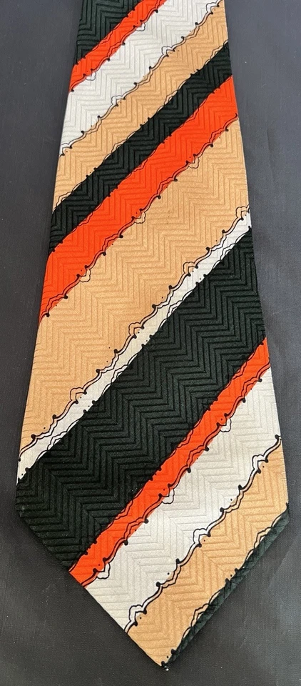 Corbata de seda ancha vintage años 70 a rayas naranja negro blanco tostado feo funky discoteca Foto 4 de 4