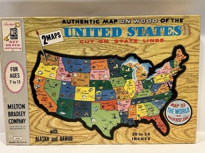 Vintage 1961 Milton Bradley MB Puzzle Map of United States & World Complete