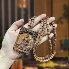 Natural Wood Carving Prayer Beads Necklace KWAN-YIN Pendant Fengshui Blessing