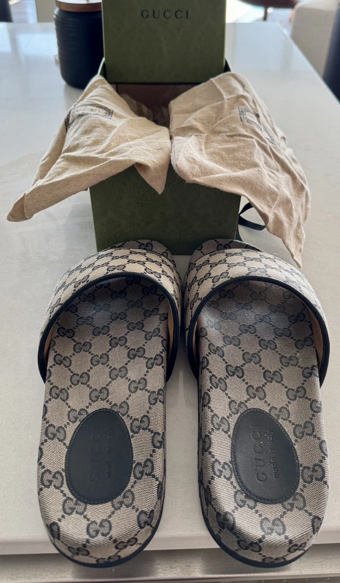 Gucci Logo Leather & Canvas Sandal, Grey Gucci Logo Leather & Canvas Sandal – Bluefly main image 4