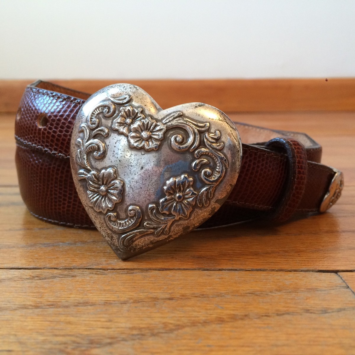 Tony Lama Floral Embossed Metal Heart Buckle Brown Leather 