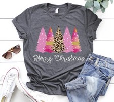 NEW Merry Christmas Trees Pink Leopard Design Holiday T-shirts Cozy Sweatshirts