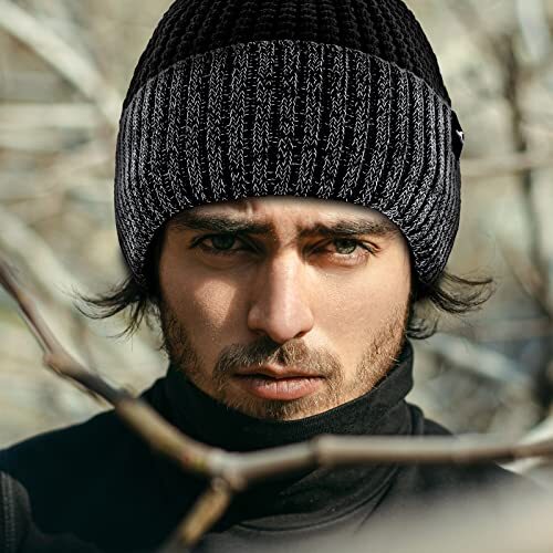 Winter Reflective Beanie Hat for Men Women, Warm Cuffed Winter One Size Black - Picture 3 of 7