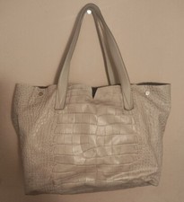 Vince Signature V Croc East West Gray Embossed Leather Tote Bag 