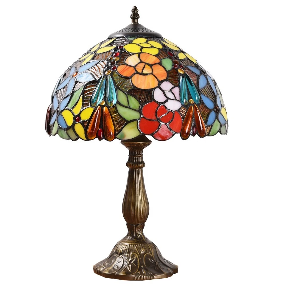 Tiffany style Vintage Stained Glass Table Lamp Rose Floral Desk Light 18" Tall - Image 2 of 4
