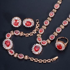 Yellow Gold Plated Red CZ Wedding Necklace Earrings Ring Bracelet Jewelry Set