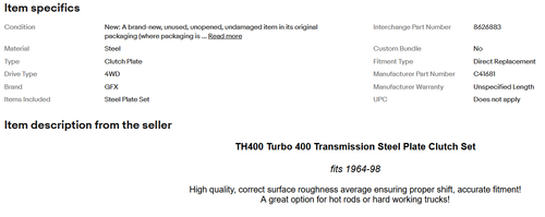 TH400 1964-98 Turbo 400 Transmission Steel Plate Clutch Set Complete - Picture 4 of 4