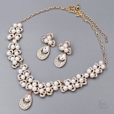 Jewelry Set Pearl Crystal Pendant Necklace Earrings Gold Plated Women Wedding 36