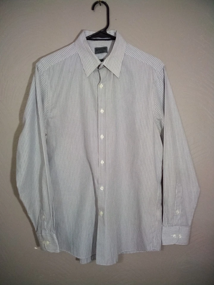 Camisa de vestir Arrow USA 1851 para hombre M 15,5 32/33 ajustada verde púrpura a rayas Foto 3 de 4